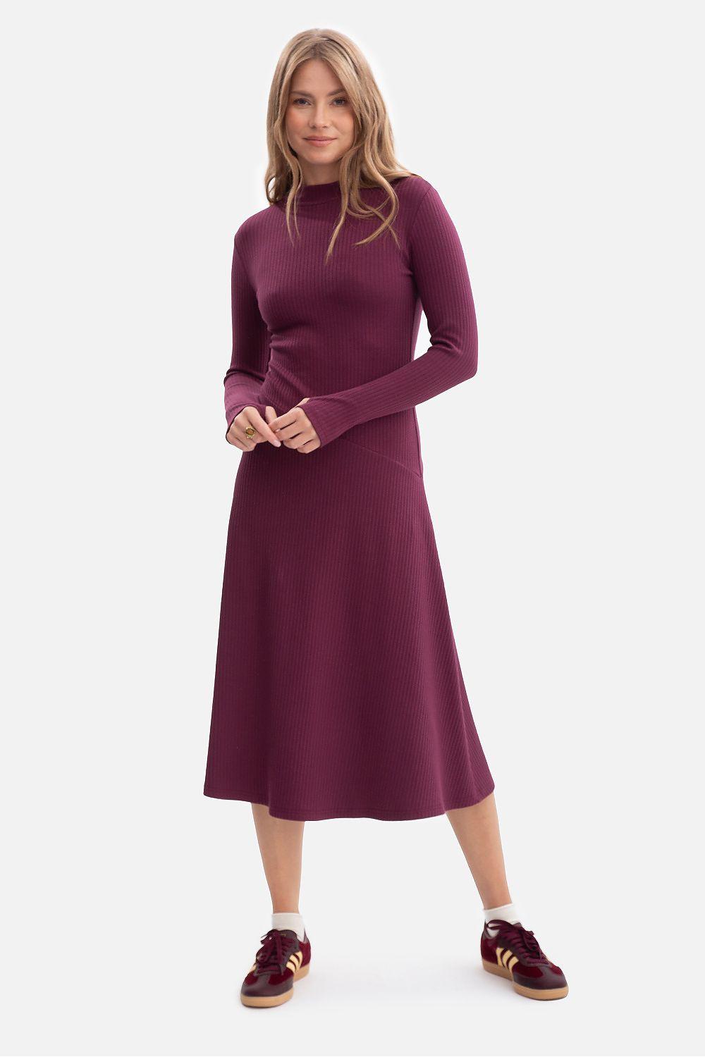 Ribbed daydress with stand collar, long sleeves and thumb cutouts, deep violet front view