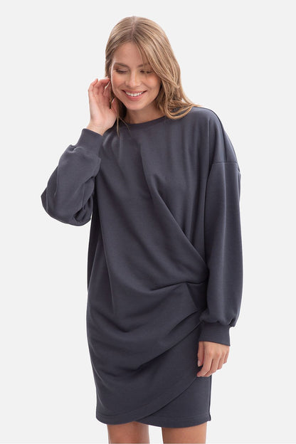 Oversized sweatshirt day dress in dark charcoal with long sleeves and draped front