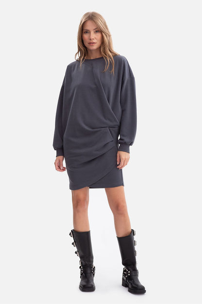 Oversized sweatshirt day dress in dark navy, long sleeves, asymmetrical draped hem