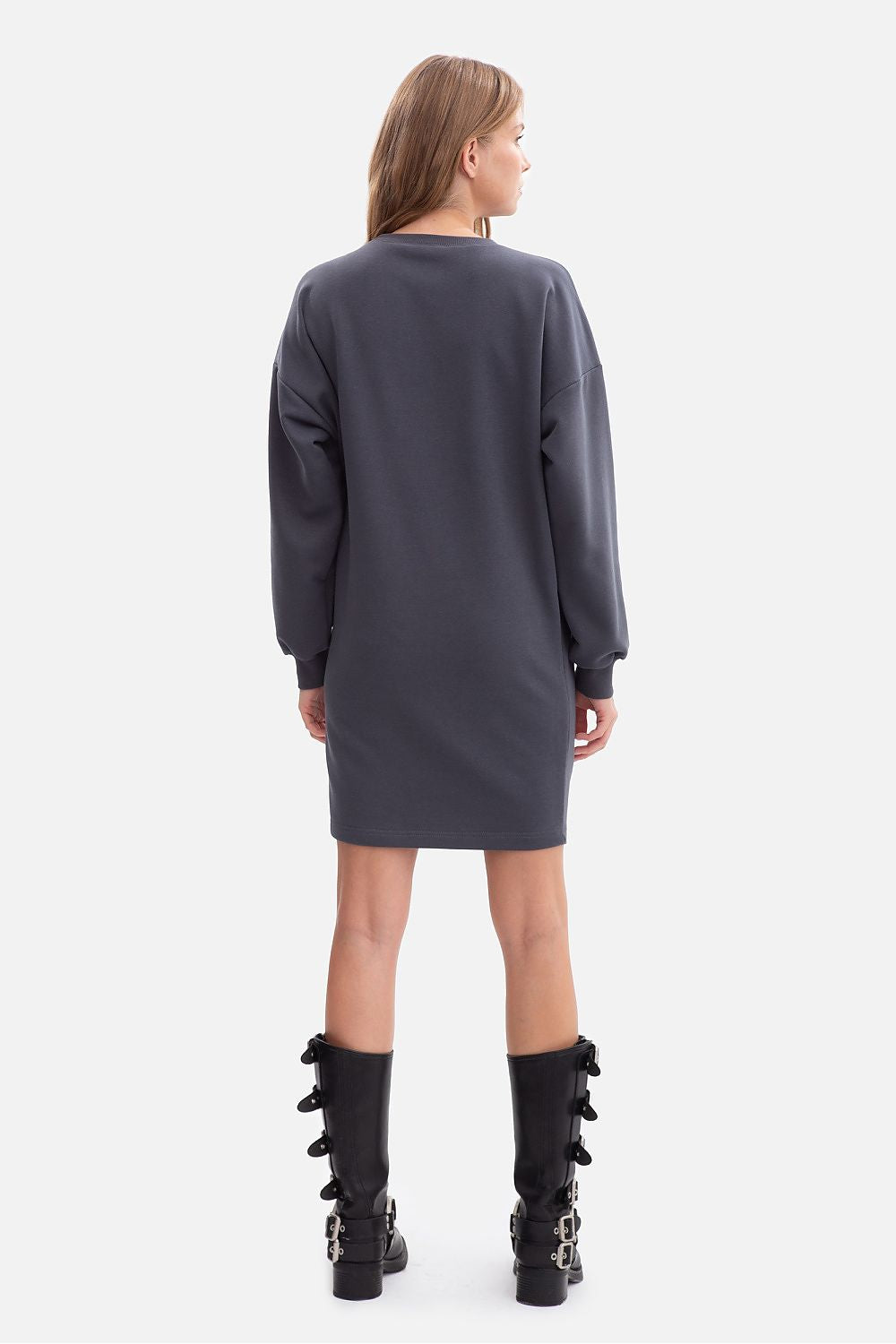 Oversized sweatshirt day dress in dark navy, back view with long sleeves and straight hem