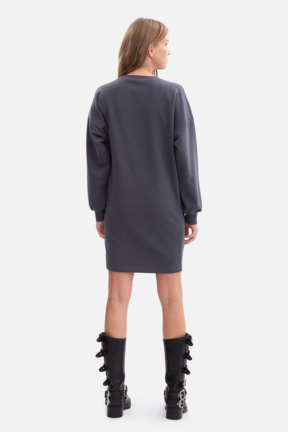 Oversized sweatshirt day dress in dark navy, back view with long sleeves and straight hem
