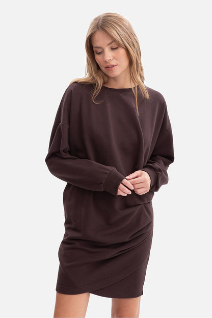 Oversized sweatshirt day dress in dark brown, long sleeves with draped front detail