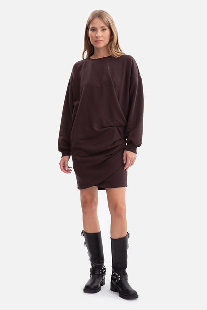 Oversized sweatshirt day dress in dark brown, long sleeves and side drape hem