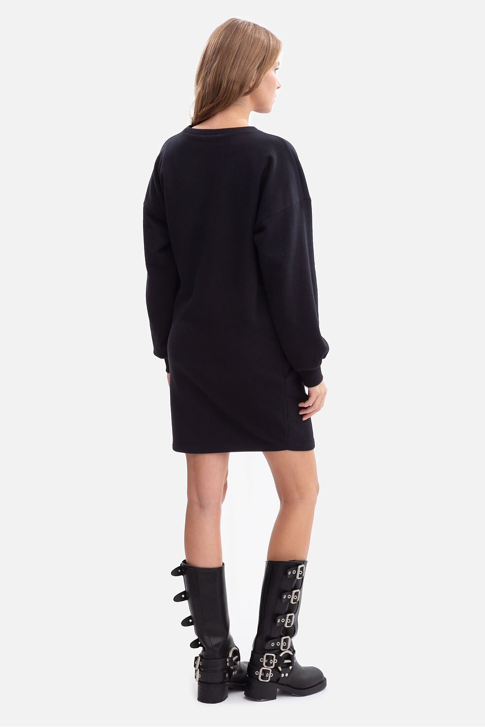 Oversized sweatshirt day dress in black, back view with long sleeves and straight hem