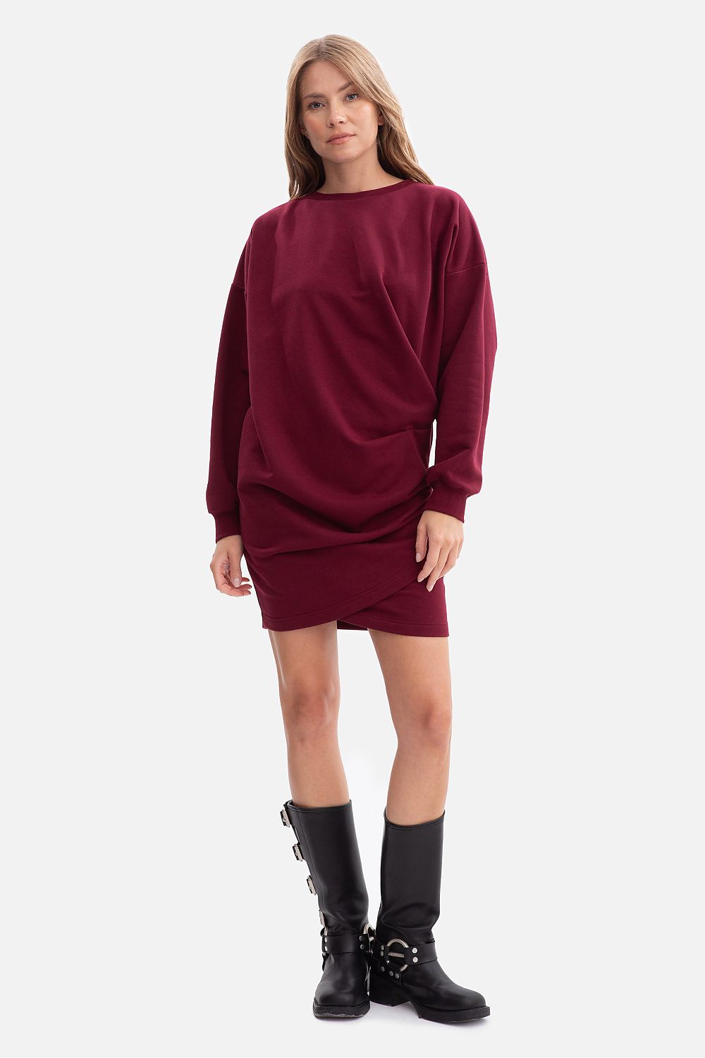 Oversized crewneck sweatshirt dress, burgundy, long sleeves, above-knee hem
