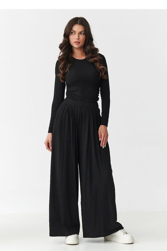Black long-sleeve top with elastic waist wide-leg maxi skirt set