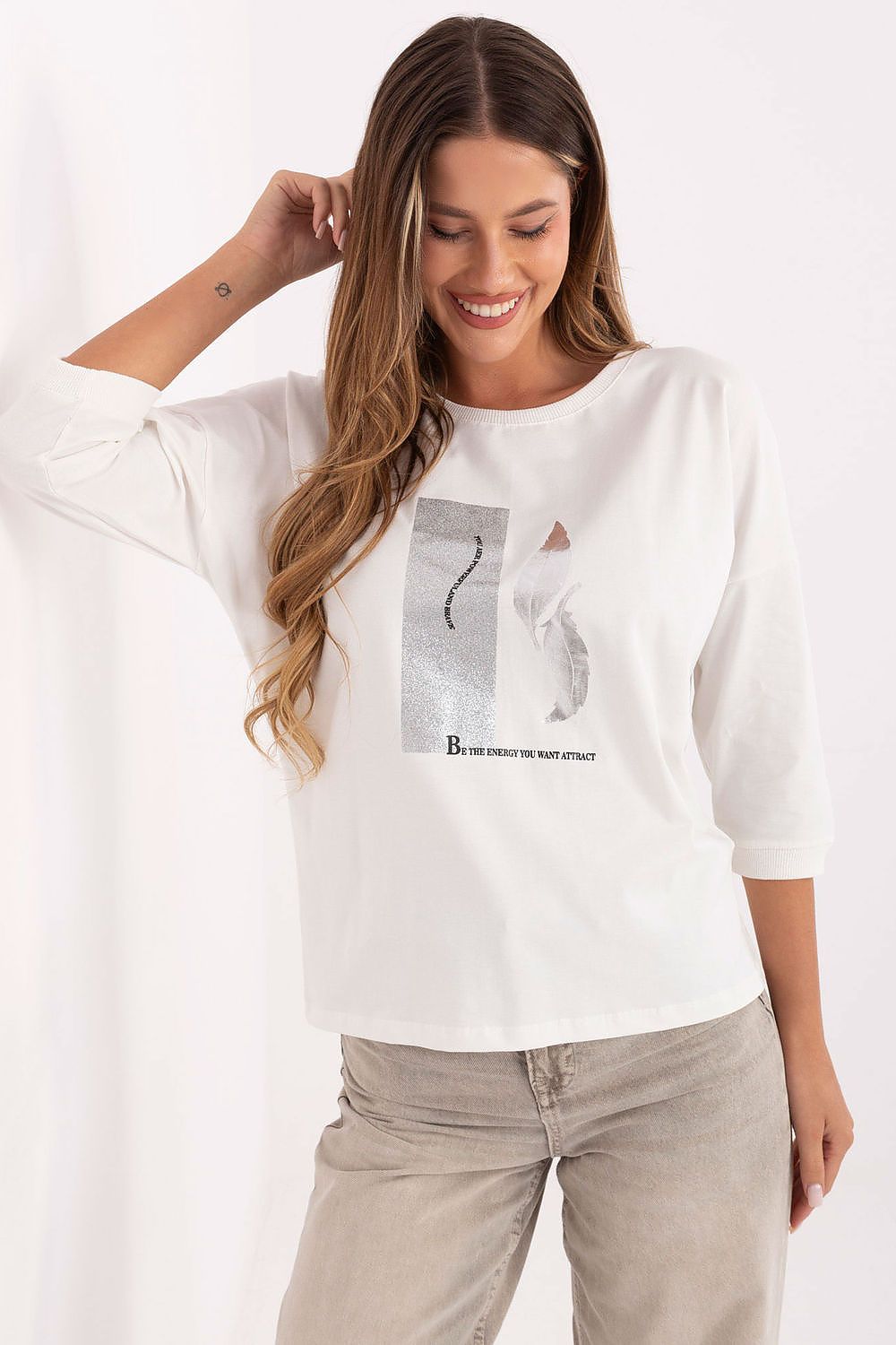 White cotton blouse with metallic graphic print, 3/4 sleeves, relaxed fit