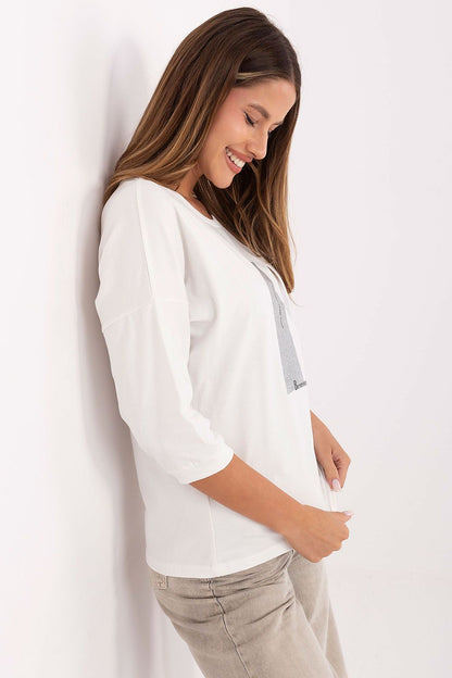 White cotton blouse with metallic graphic front, 3/4 sleeves, round neckline