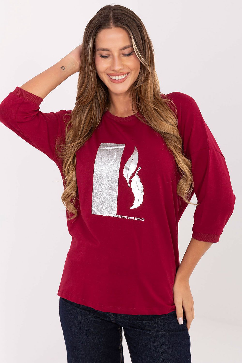 Burgundy cotton blouse with metallic graphic print, 3/4 sleeves and crew neck