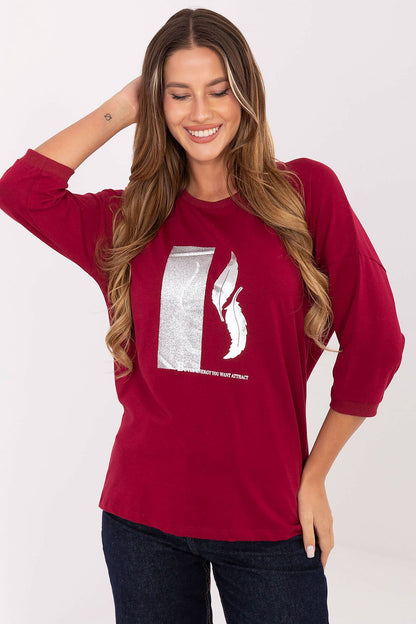 Burgundy cotton blouse with metallic graphic print, 3/4 sleeves and crew neck
