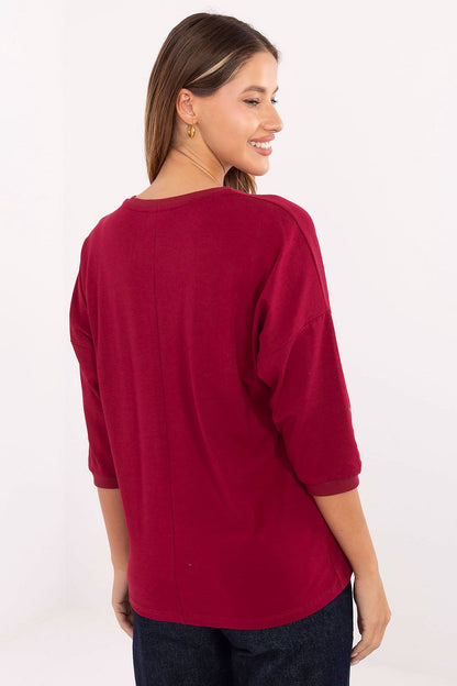 Burgundy cotton blouse back view with 3/4 sleeves and crew neckline