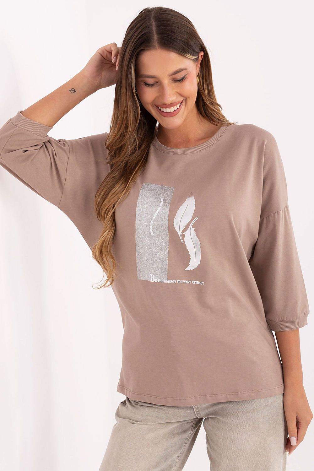 Taupe cotton blouse with metallic graphic print, 3/4 sleeves and crew neck