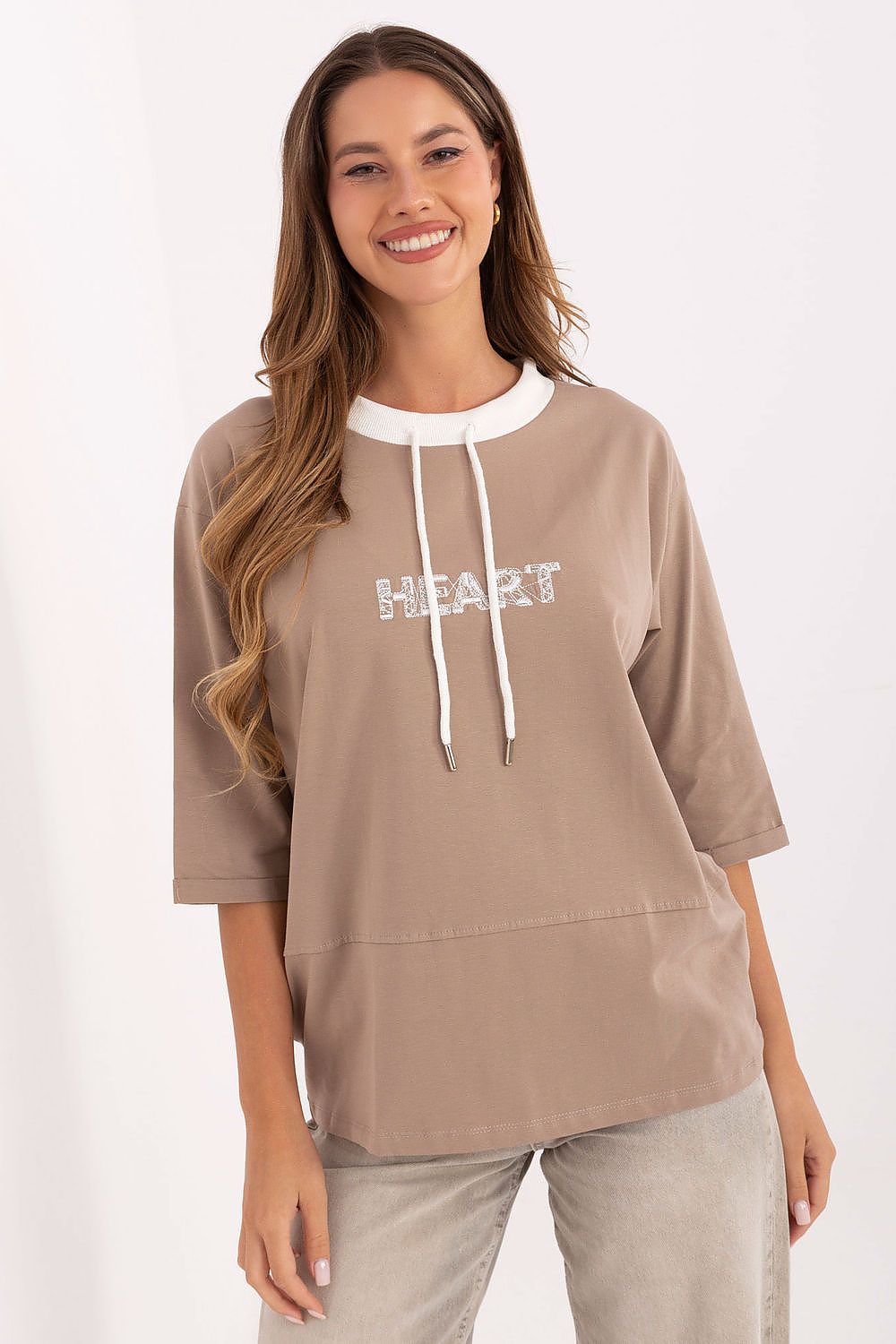 Beige blouse with drawstring neck and white HEART graphic, 3/4 sleeves