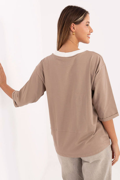 Beige blouse with drawstring neck, back view, 3/4 sleeves