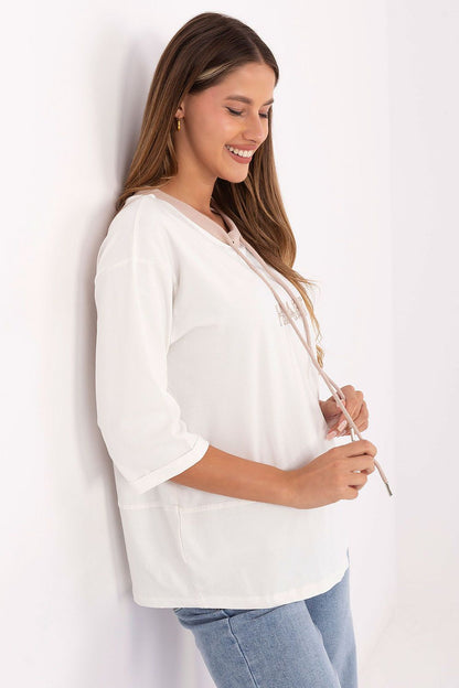 White blouse with drawstring neck and HEART graphic, 3/4 sleeves, side view