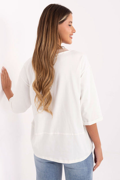 White blouse with drawstring neck, back view, 3/4 sleeves