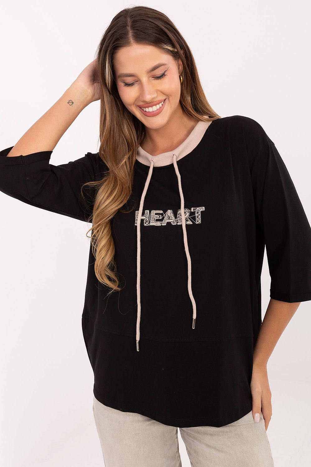 Black blouse with drawstring neck and white HEART graphic, 3/4 sleeves