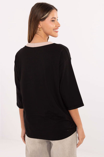 Black blouse with drawstring neck, back view, 3/4 sleeves