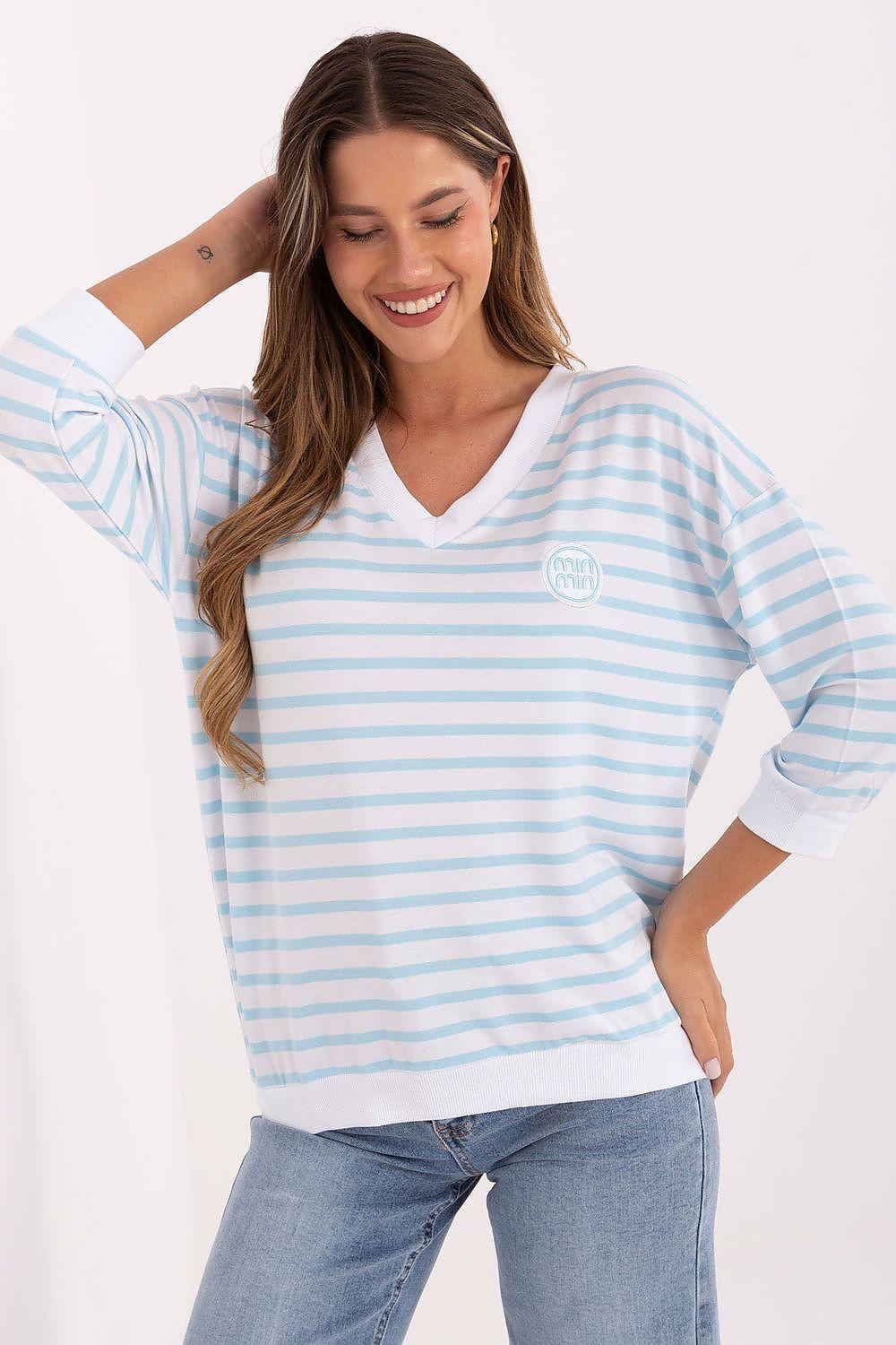Light blue striped blouse with V-neck and long sleeves, relaxed fit