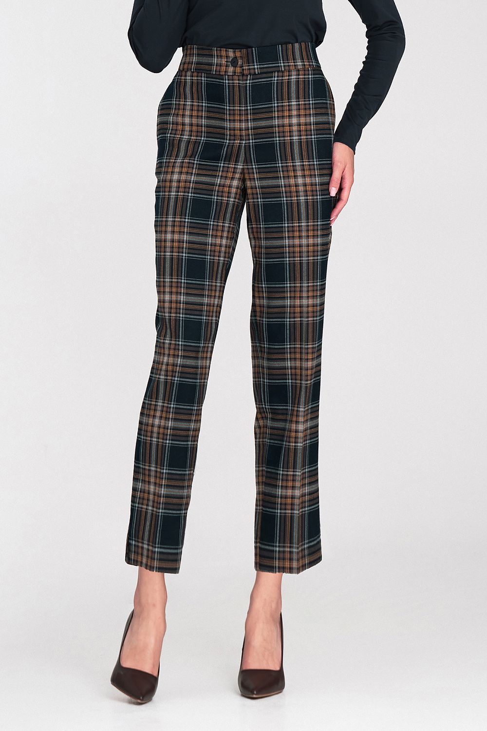 Women's fitted plaid trousers with navy and tan check pattern, ankle length