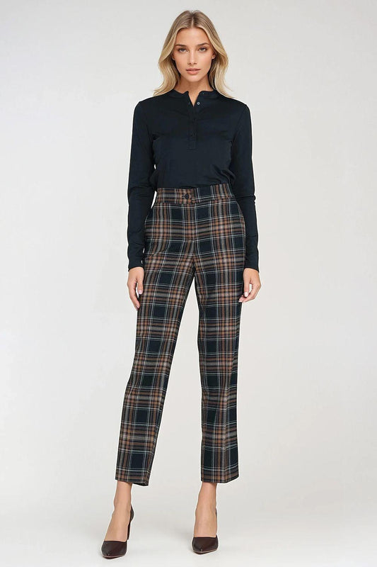 Women trousers by Nife, high-waist multicolor plaid with belt loops and button fly.