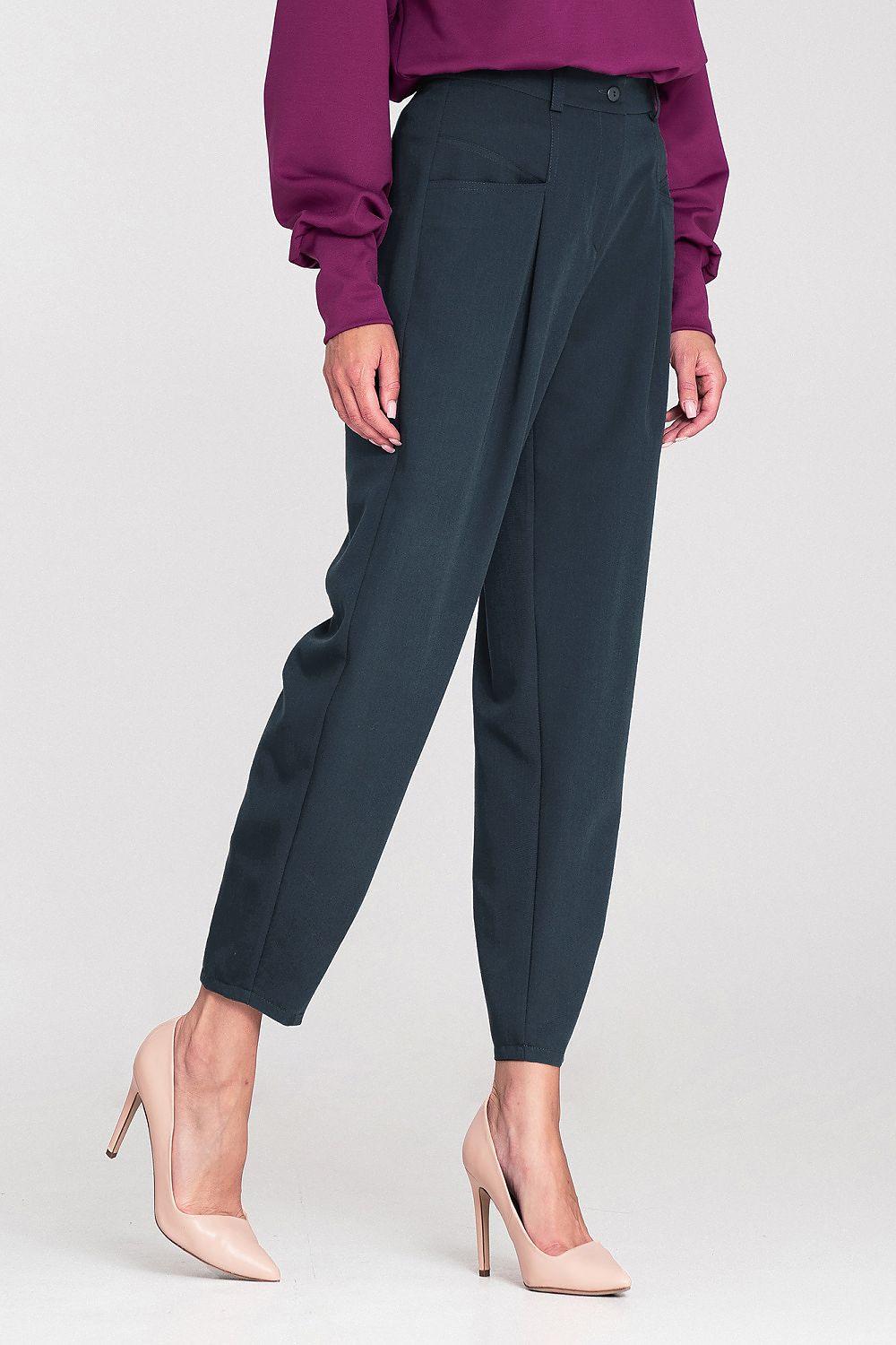 Women’s trousers in dark teal-blue with cuffed hems, front pockets, and belt loops