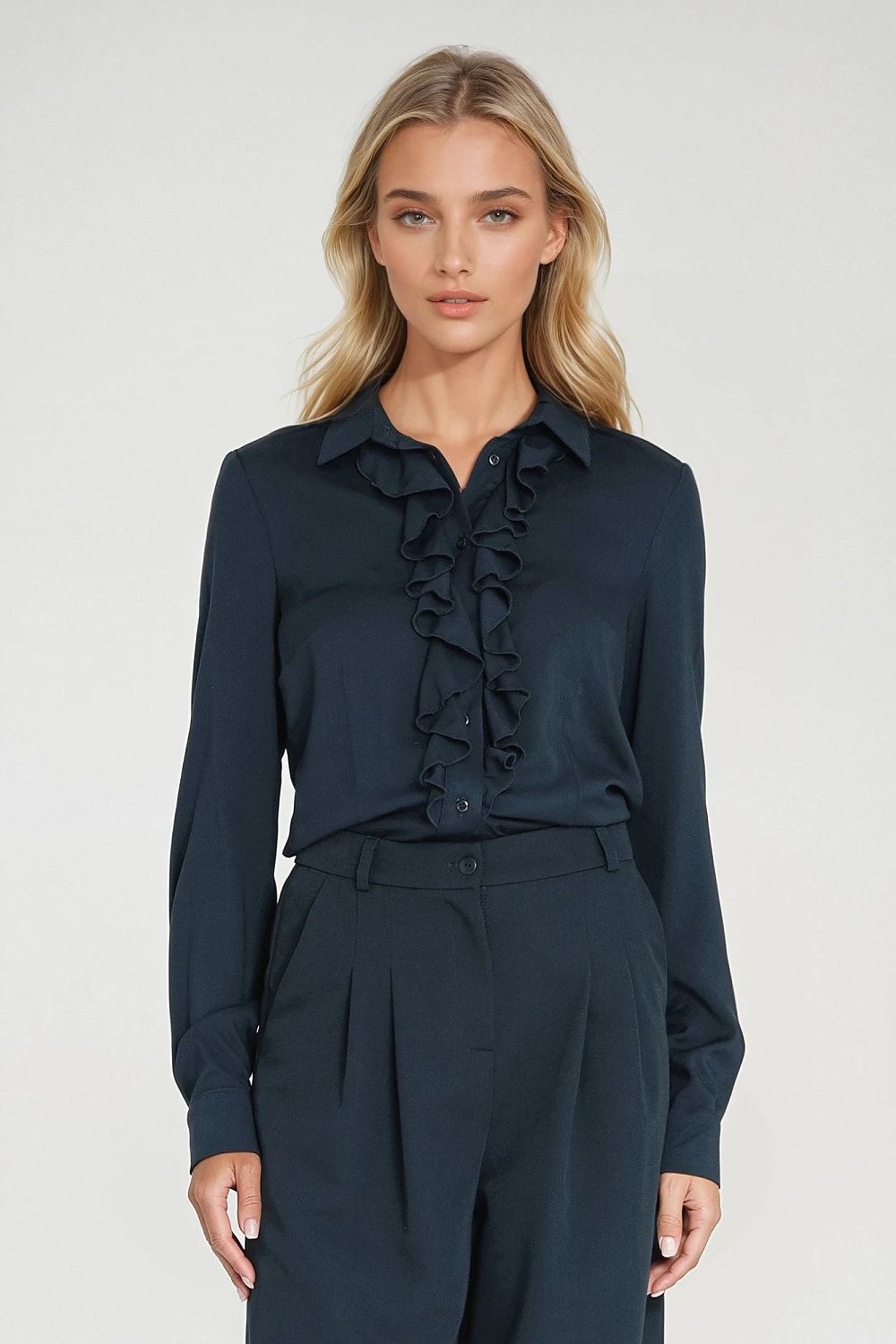 Navy long-sleeve shirt with ruffle jabot front and button collar
