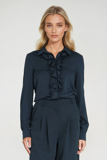 Navy long-sleeve shirt with ruffle jabot front and button collar