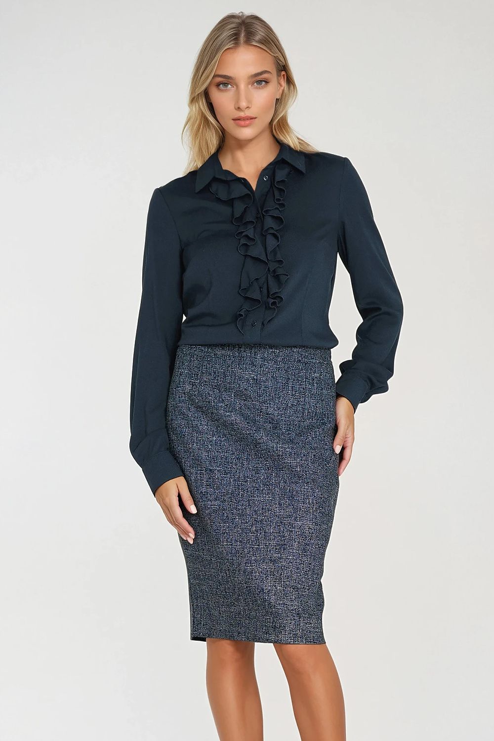 Navy long-sleeve shirt with ruffle jabot front and pointed collar