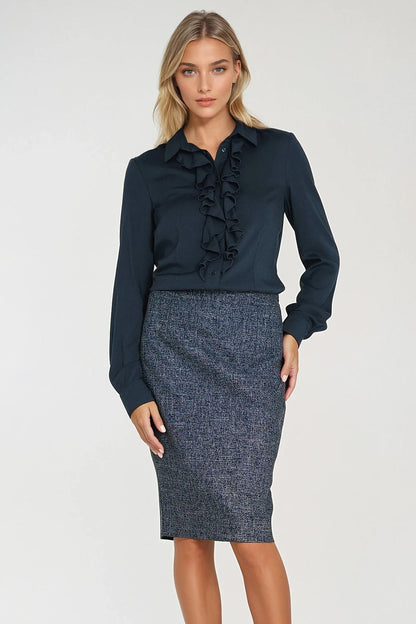 Navy long-sleeve shirt with ruffle jabot front and pointed collar