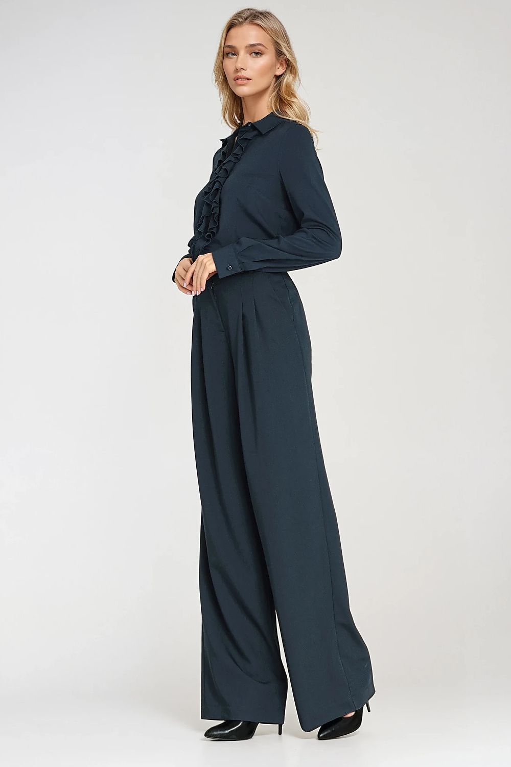Navy long-sleeve ruffle jabot shirt with button-up front