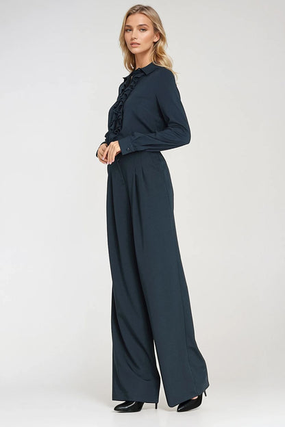 Navy long-sleeve ruffle jabot shirt with button-up front