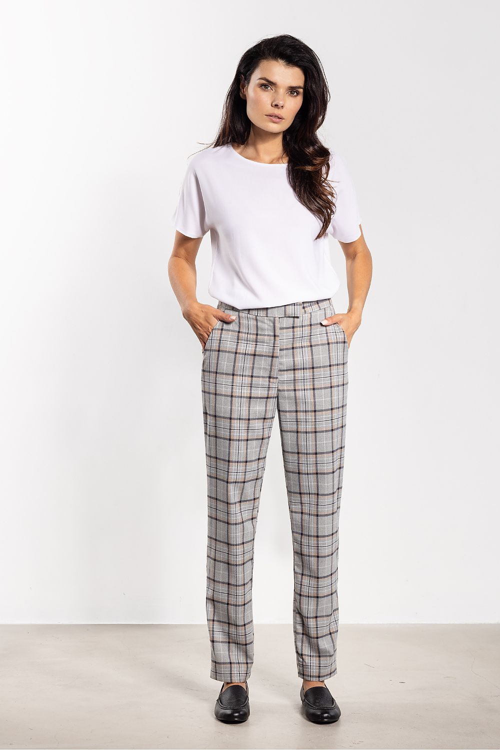 Grey plaid cigarette trousers with slim straight legs and tailored waistband