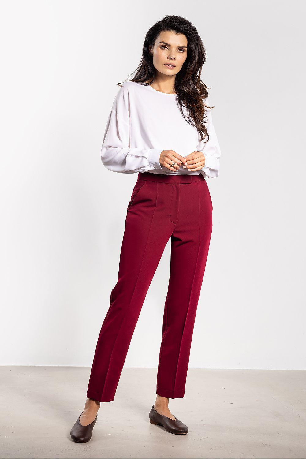 Women’s trousers by Awama, burgundy tapered pants with front pockets and belt loops