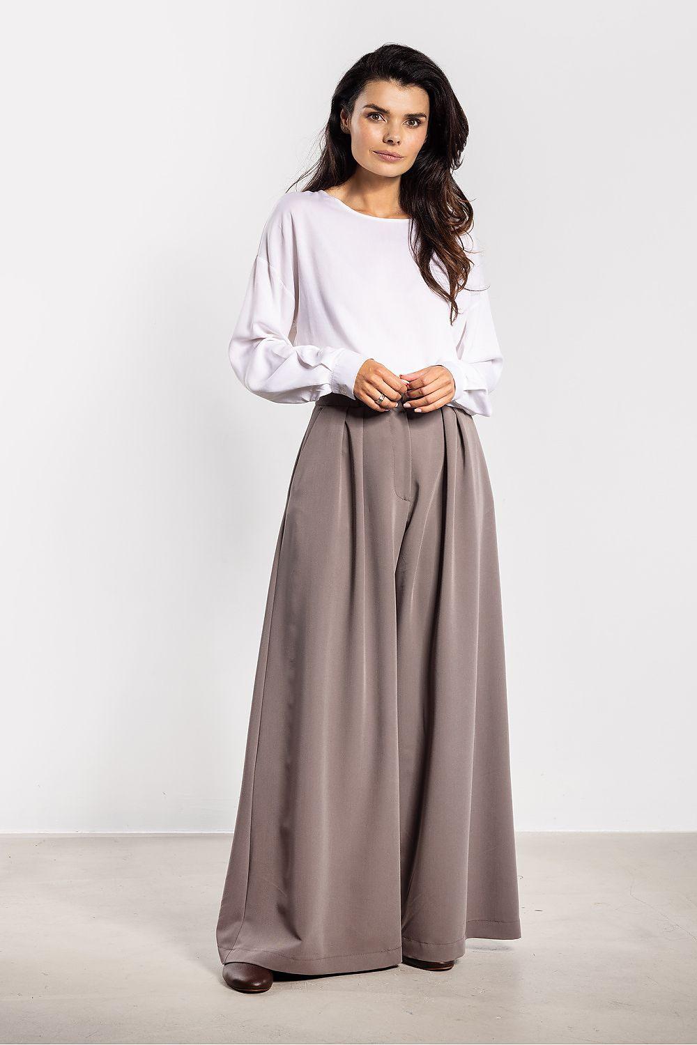 Taupe wide-leg trousers with high waist and pleated front