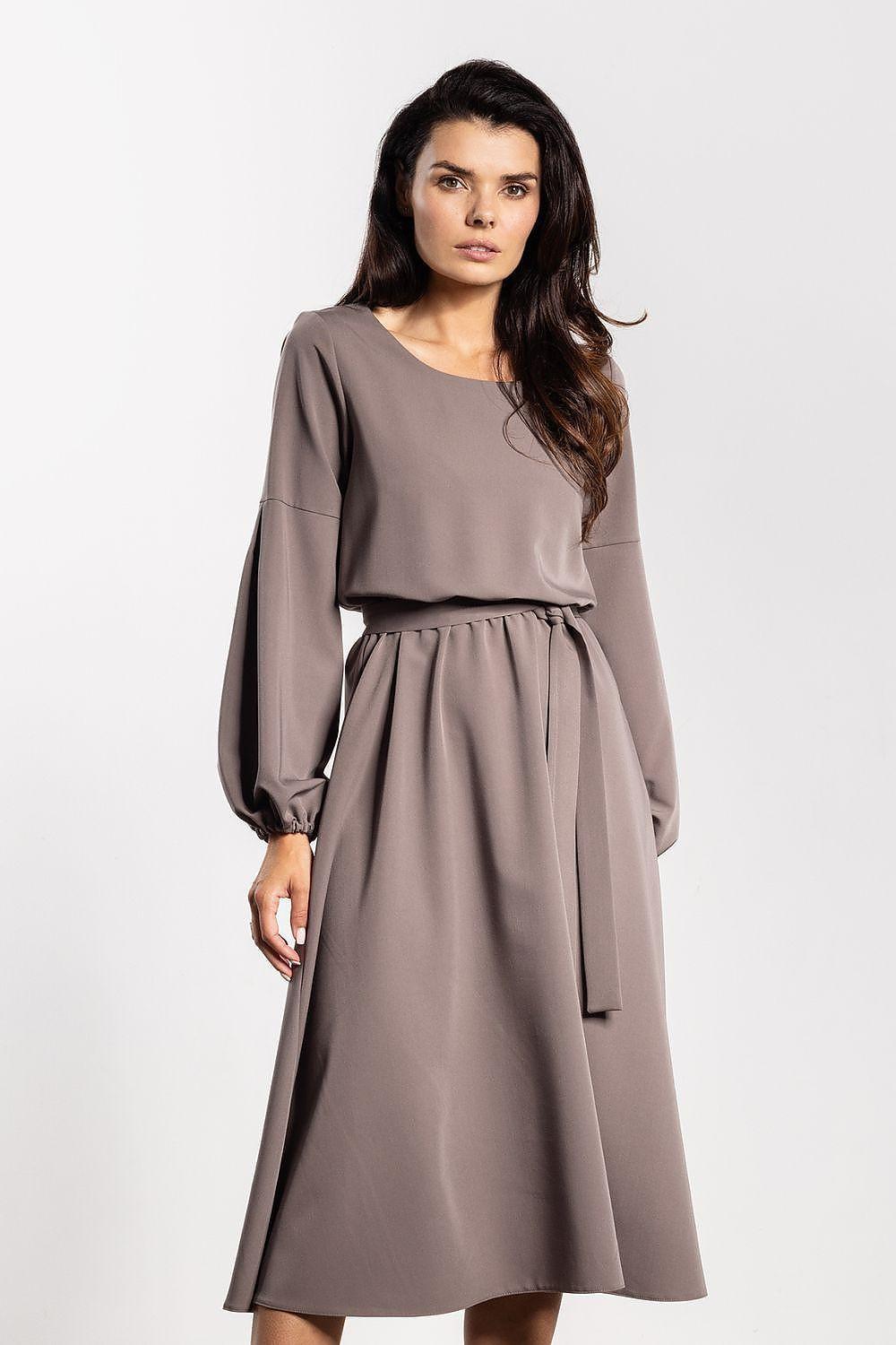 Taupe midi daydress with long puff sleeves, elastic waist, and tie belt