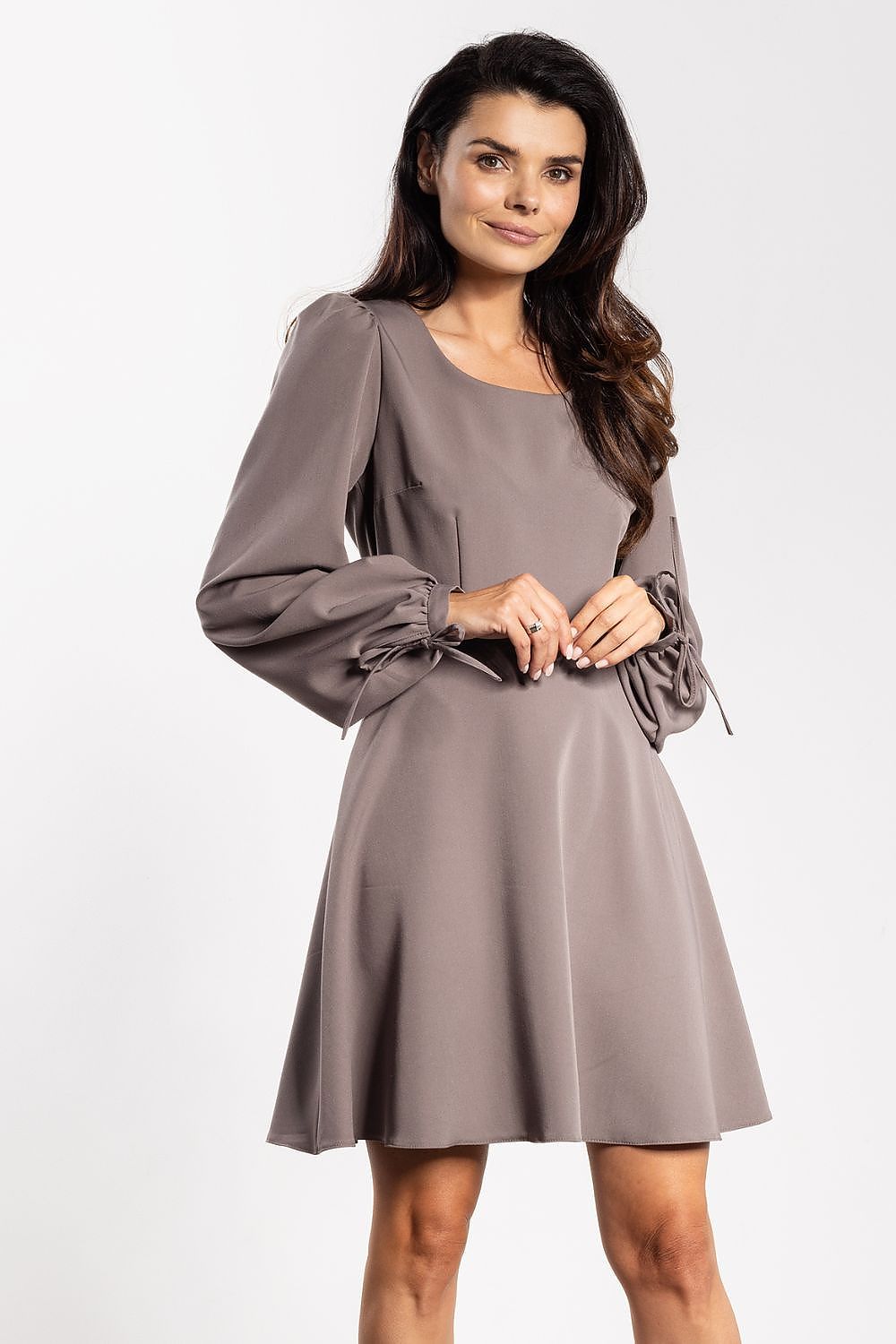 Taupe flared daydress with puff sleeves, tie cuffs, scoop neckline