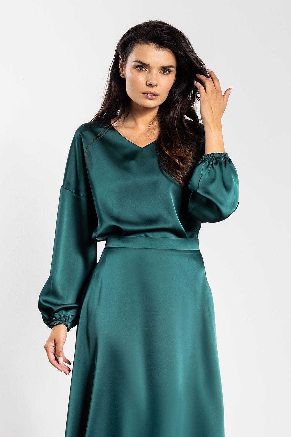 Satin blouse in dark green, loose V-neck with long gathered sleeves and waist belt