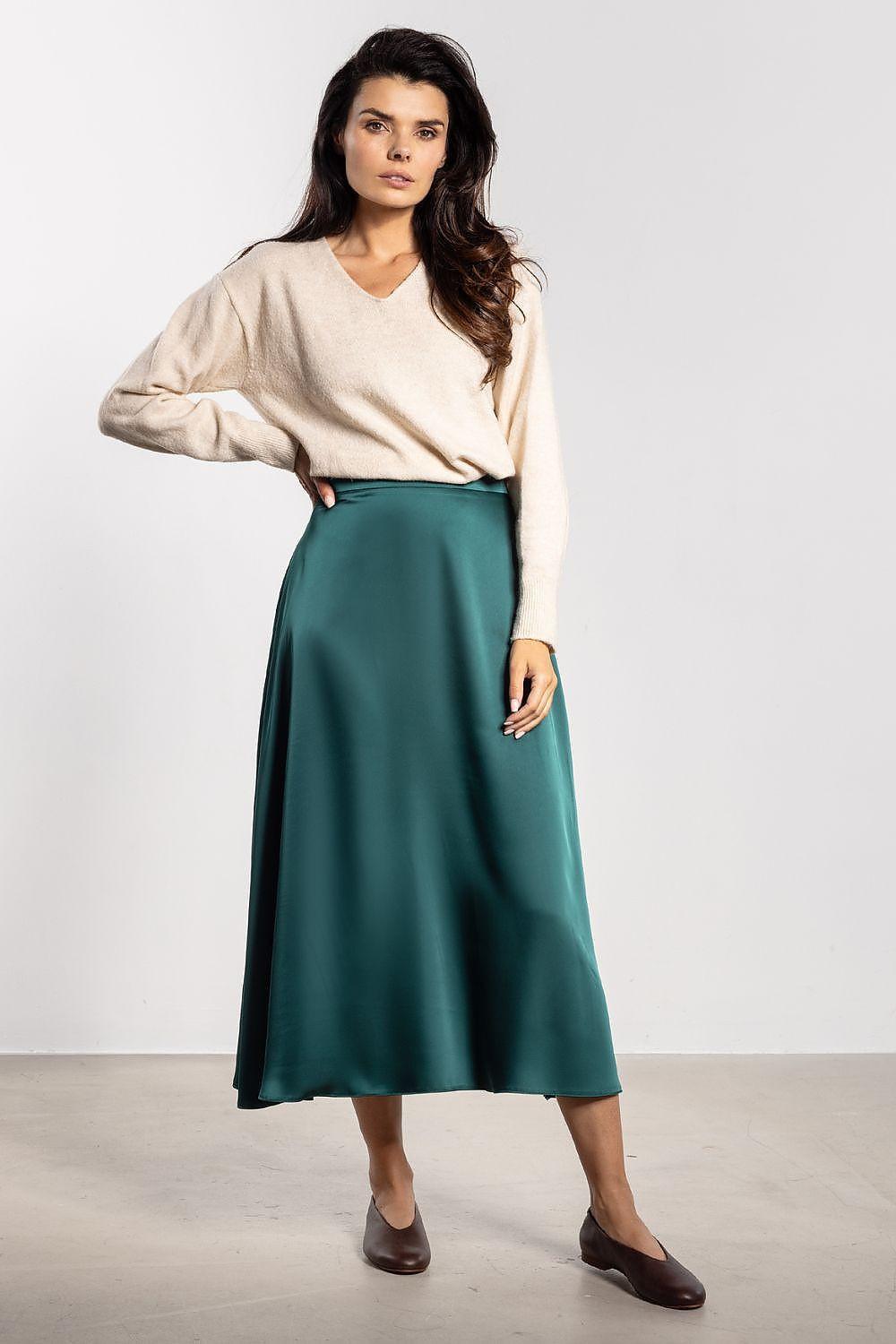 Midi satin A-line skirt in dark green, mid-calf length, smooth waistband