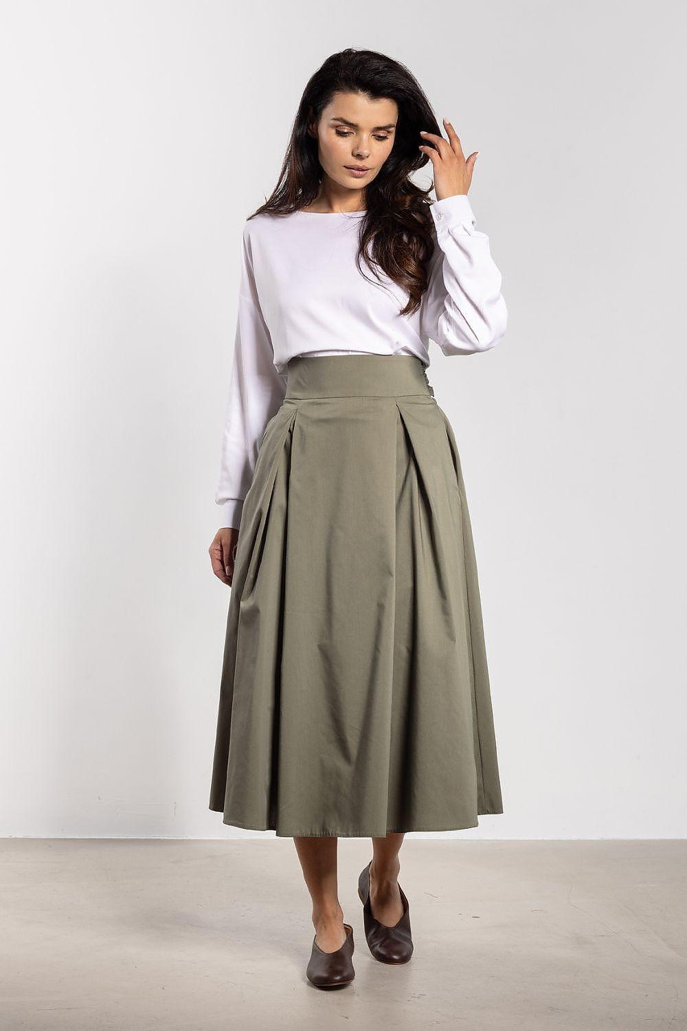 High-waist olive green midi flared skirt with pleats