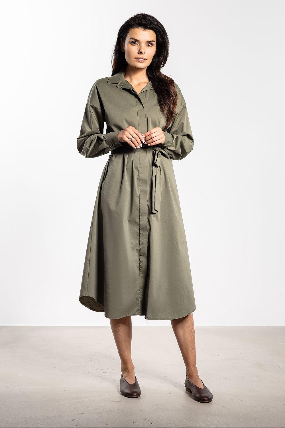 Green button-up day dress with collar, long sleeves, waist tie, knee-length skirt