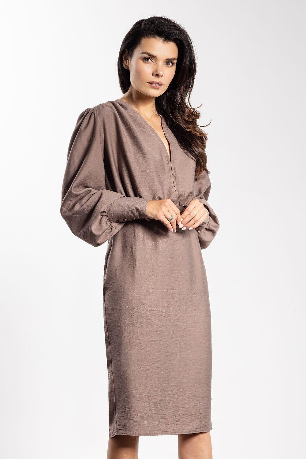Brown cocktail dress, V-neck with gathered long sleeves and fitted midi skirt