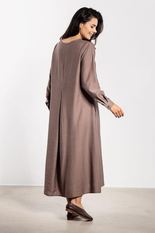 Brown long-sleeve day dress with button front and side pockets, midi length
