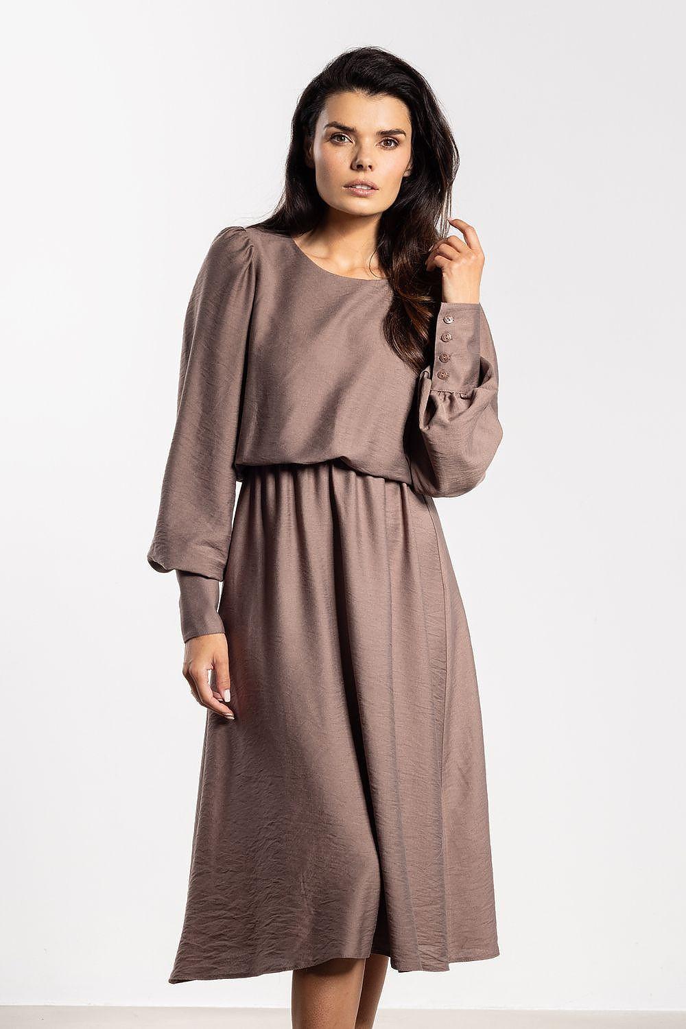 Taupe midi day dress with round neck, long puff sleeves, and elastic waist