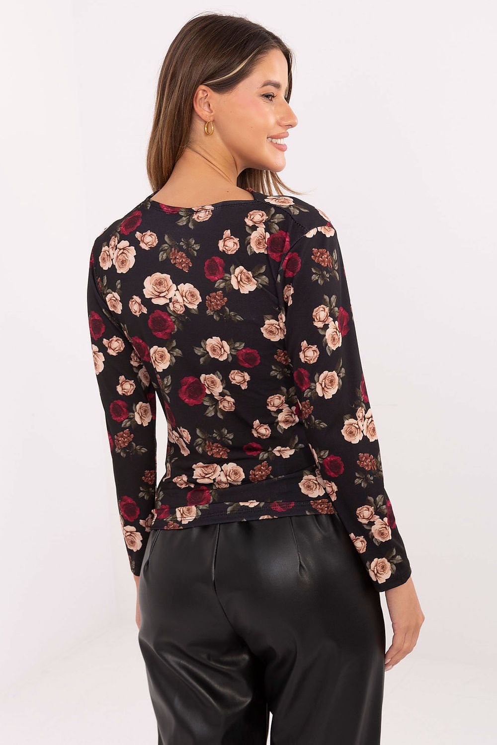 Fitted long-sleeve floral blouse, black rose print with high neckline, side view