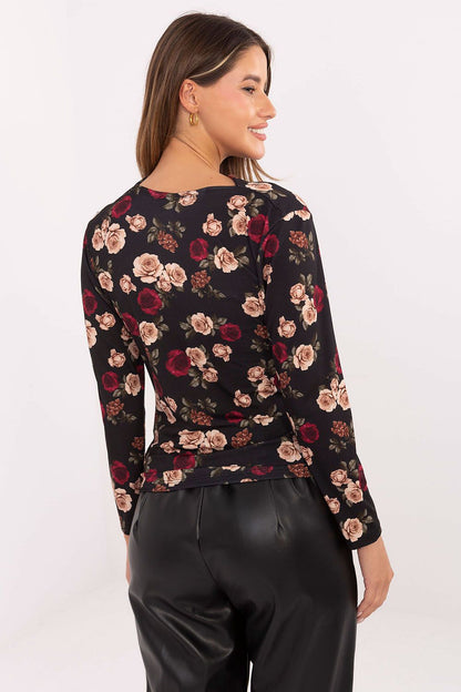 Fitted long-sleeve floral blouse, black rose print with high neckline, side view