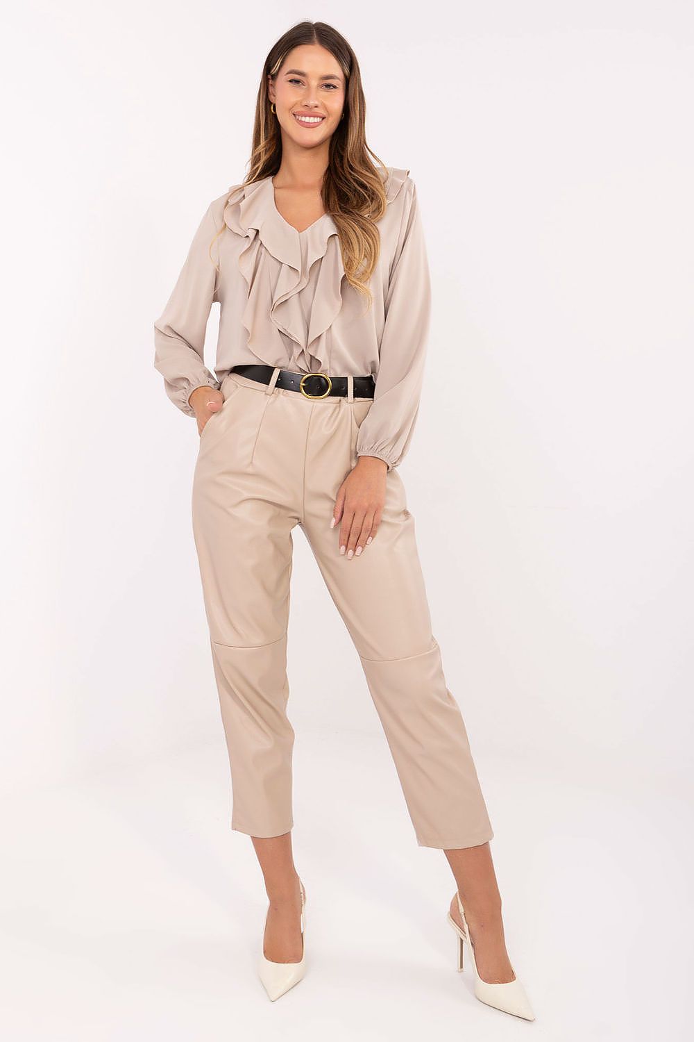 Beige high-waist faux leather trousers with tapered leg and belt loops
