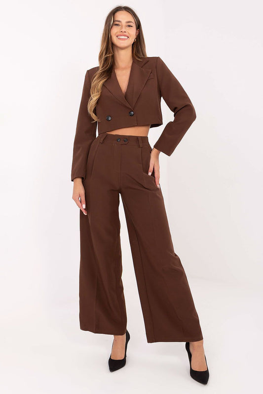 Brown cropped blazer and wide-leg pants set, double-breasted front, long sleeves.