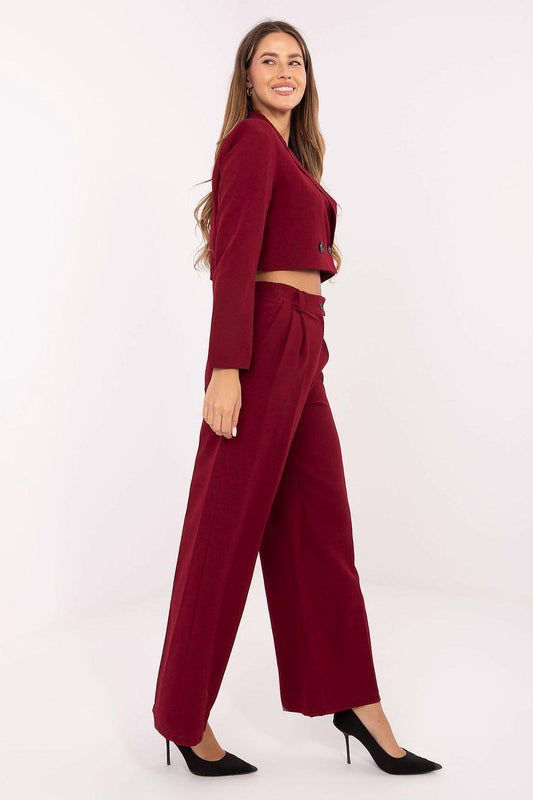 Burgundy two-piece blazer and wide-leg pants set, cropped jacket with belt at waist