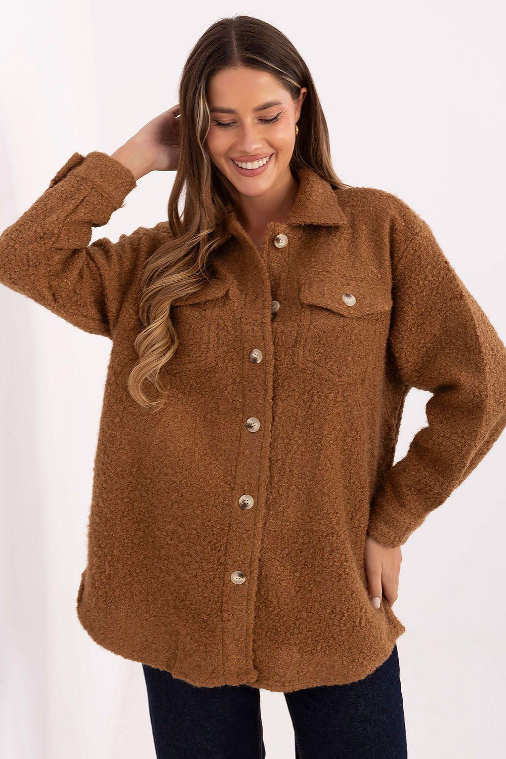 Brown boucle long-sleeve shirt with button front and chest pockets, front view